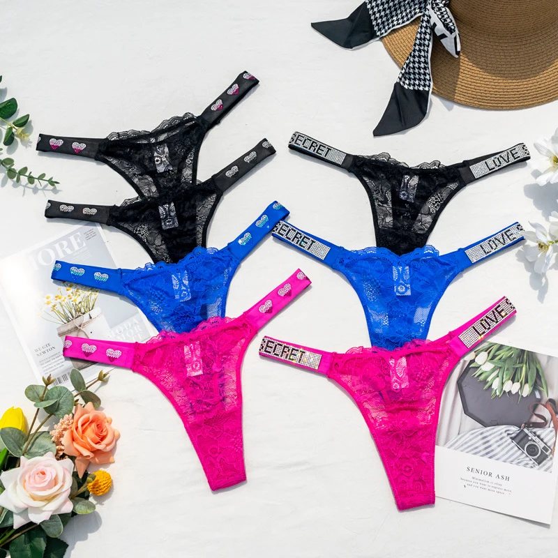 

Sexy Women Pantie Crystal Rhinestone Underwear Fitness Gym Thongs Low Rise Fashion Tanga for Female Push Up Lingerie With Letter