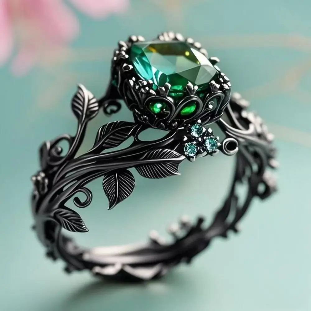 Inlaid Design Leaf Flower Ring with Green Stone Fade-Resistant Finger Decoration Simple Design Individual Ins Style