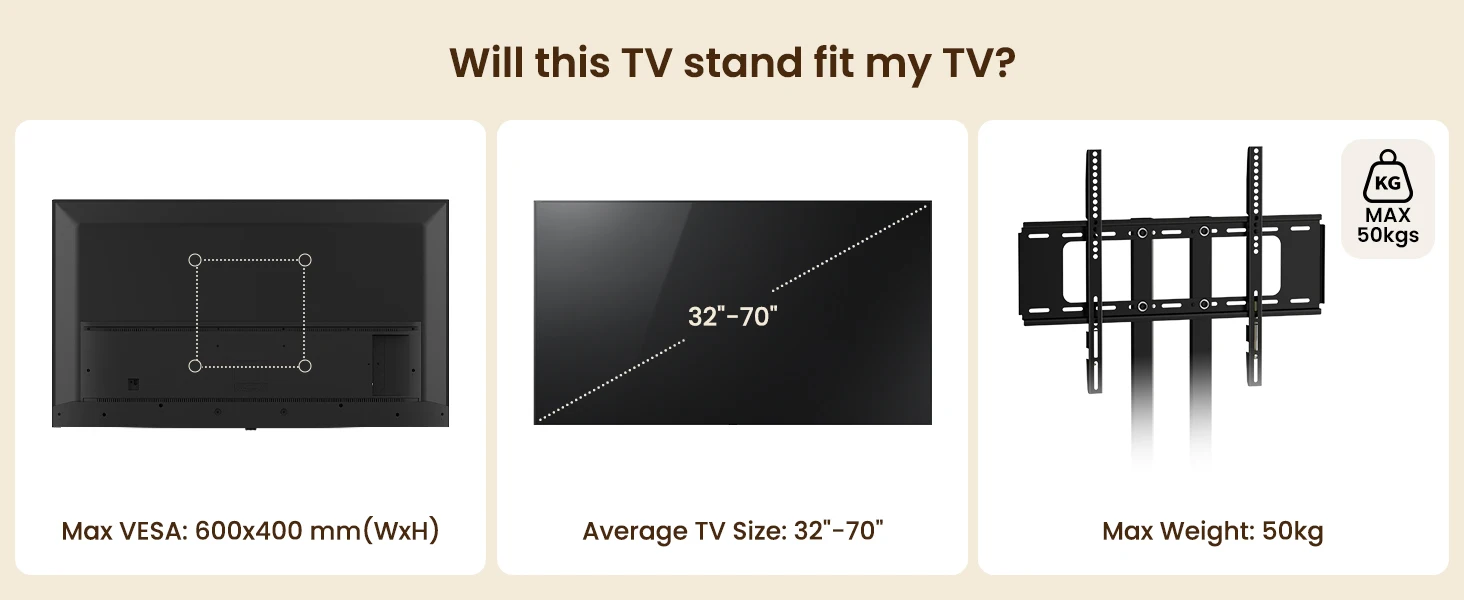 TV wall mount specifications: VESA 600x400mm, fits 32