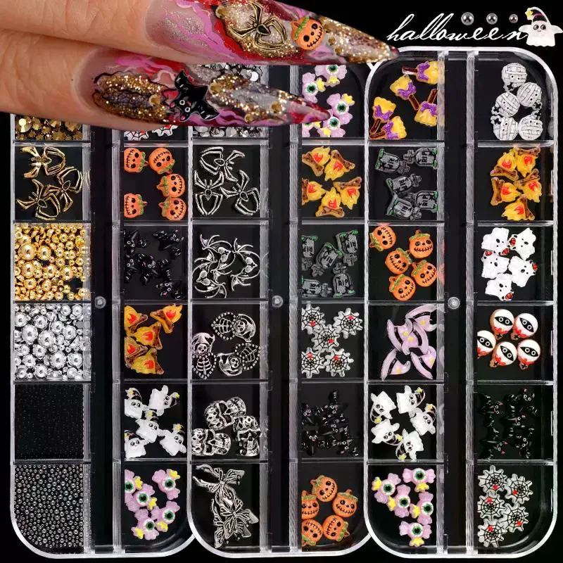 12 Grids/Box Halloween Nail Charms - Cartoon Ghost Pumpkin Spider Bat Nail Art Jewelry, DIY Manicure Decoration Accessories