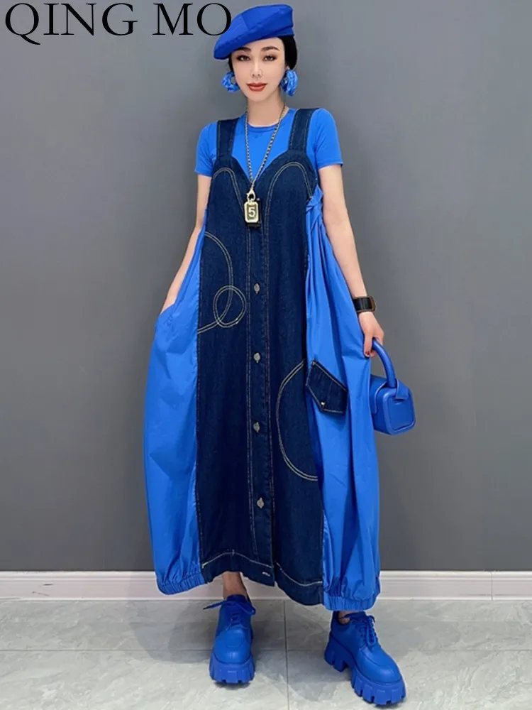 QING MO 2023 Summer New Korean Fashion Trend Denim Splice Single piece