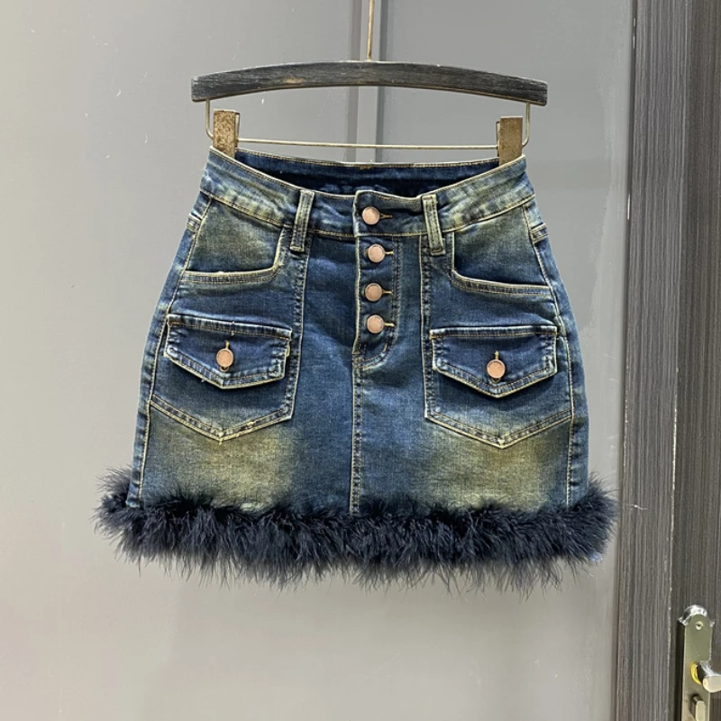 

European Style High Waist Single-Breasted Denim Skirt Women's New Retro Anti-Aging Hem Furry Sheath Skirts Femme 2023