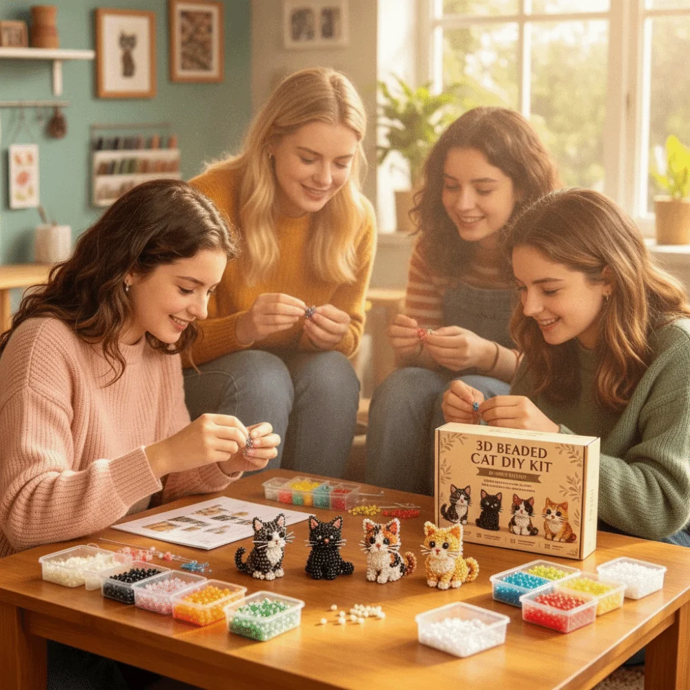 Kit Fai da Te Artigianale per Ricamo con Perline a Tema Animale, Set di Perline Colorate Piccole per Arte e Artigianato, Kit per Creare Portachiavi 3D a Forma di Gatto/Mini Animale Domestico, Giorno Piovoso - immagine 5
