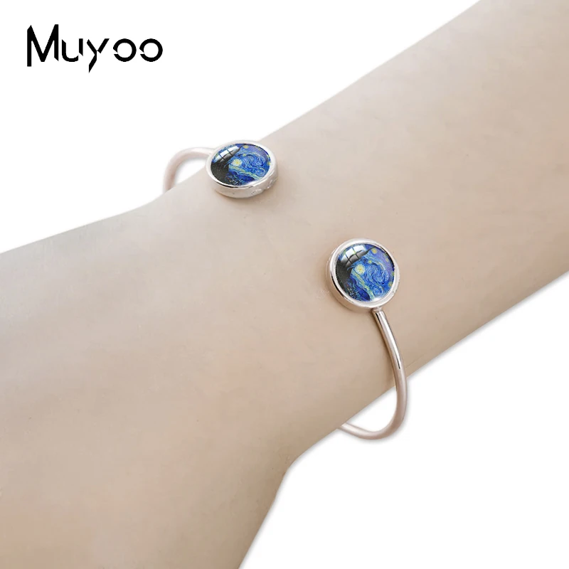 2023 New Arrival Fashion Van Gogh Starry Night Paintings Glass Dome Bangle Cuff Jewelry Handmade Golden Color Bangles 6