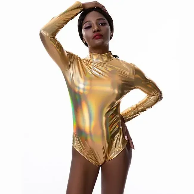 Bling Wet Look Patent Leather Bodysuit Long Sleeve Zipper High Waist Bodycon Jumpsuit Women Sexy Overalls Music Festival Stage