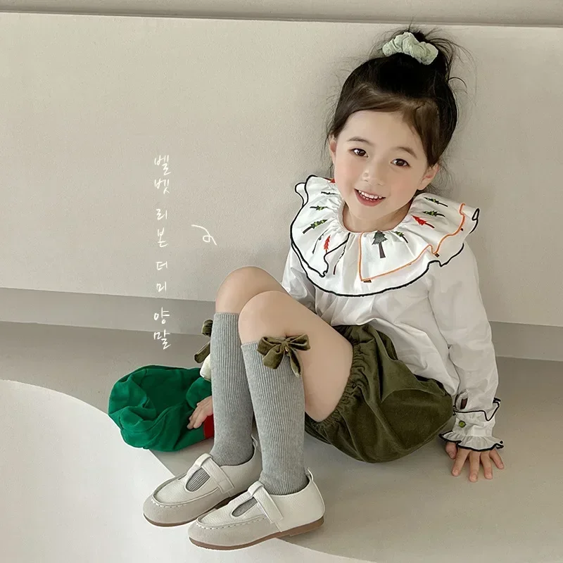 Cute Kids Girls Calf Stockings Retro European Style Bowknot Calf Socks for Toddler Girl Spring Autumn Cotton Kids School Socks