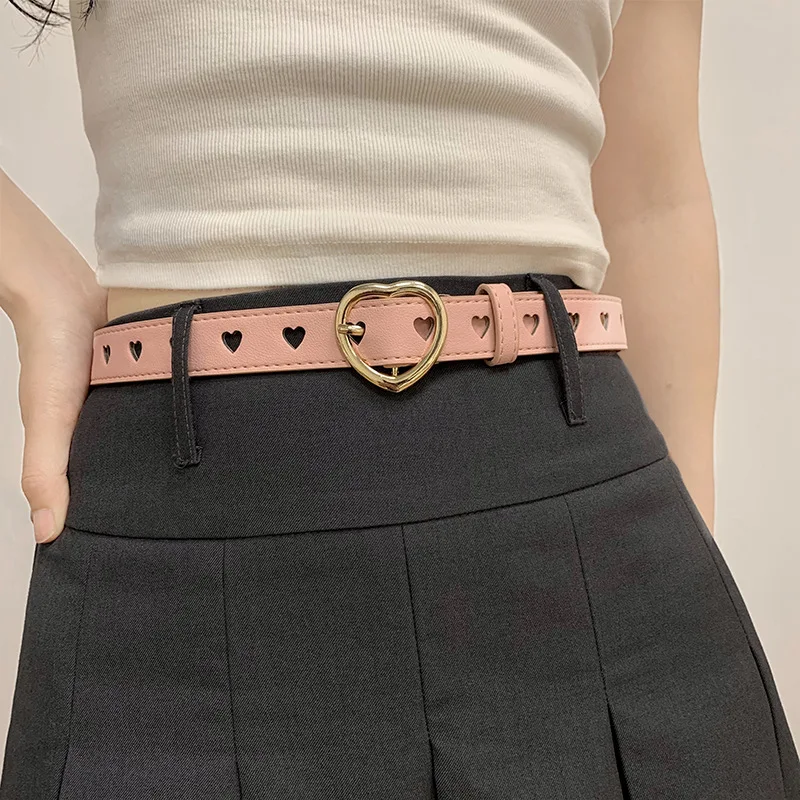 Children Faux Leather Belt Kids Cute Peach Heart Buckle Belts for Girls Solid Waistband Love Heart Eyelet Grommet Waist Belt