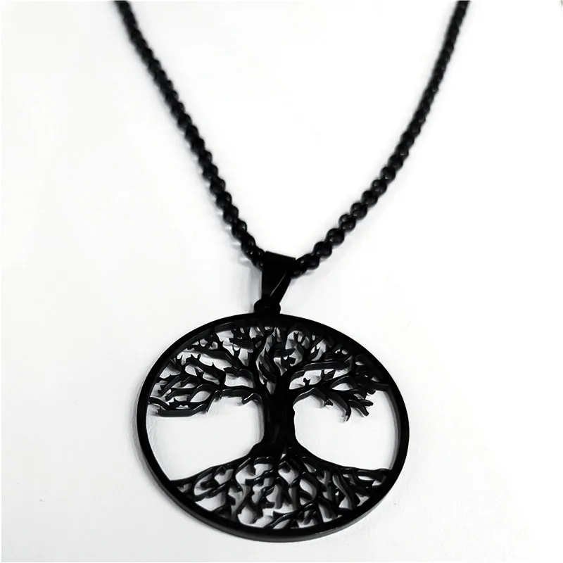 2024 Tree of Life Stainless Steel Long Necklace for Men Black Color Necklaces & Pendants Jewelry cadenas para hombre N834S03