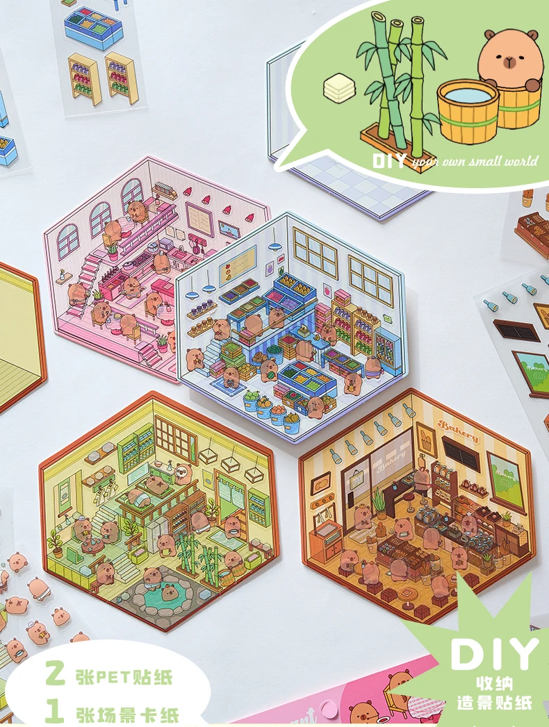 2pcs Cartoon Miniature Scene 3D Landscaping Stickers DIY Cabin Scene Stacking and Pasting Hand Account Cute Gift for Kid Child