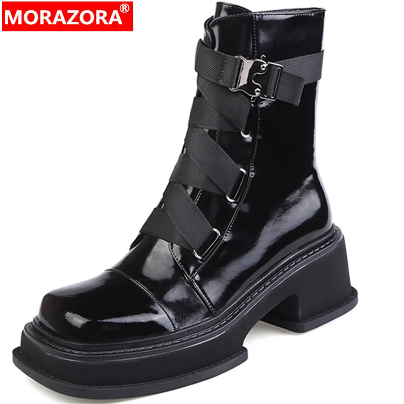 MORAZORA 2022 New Top Quality Thick High Heels Platform Shoes Genuine Leather Spring Women Boots Zipper Ankle Boots