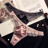 String en dentelle creuse pour femmes, Satin brillant, soie lisse, taille basse, sous-vêtements avec nœud, Lingerie sans couture 1