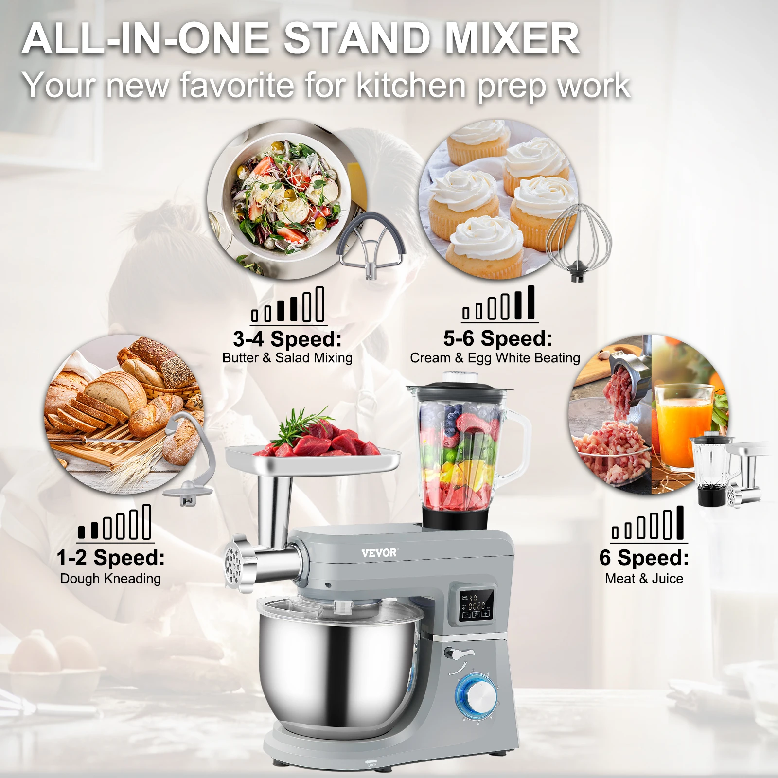 VEVOR 5 IN 1 Stand Mixer Tilt-Head Multifunctional Electric Mixer w/ 6 Speeds LCD Screen Timing 7.4 Qt Stainless Bowl Dough Hook 3