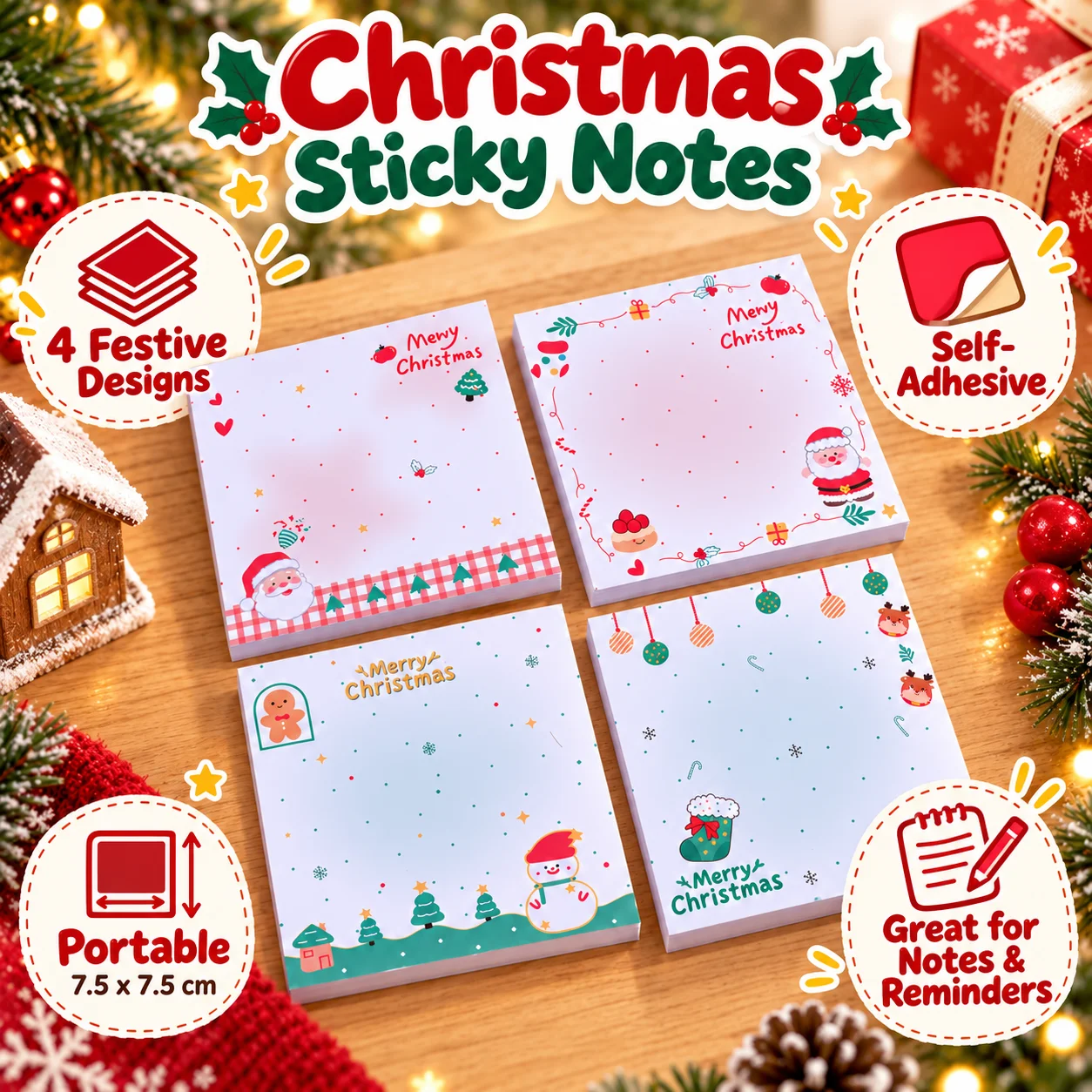 Festive Cartoon Christmas Sticky Notes Set - 4 Delightful Designs