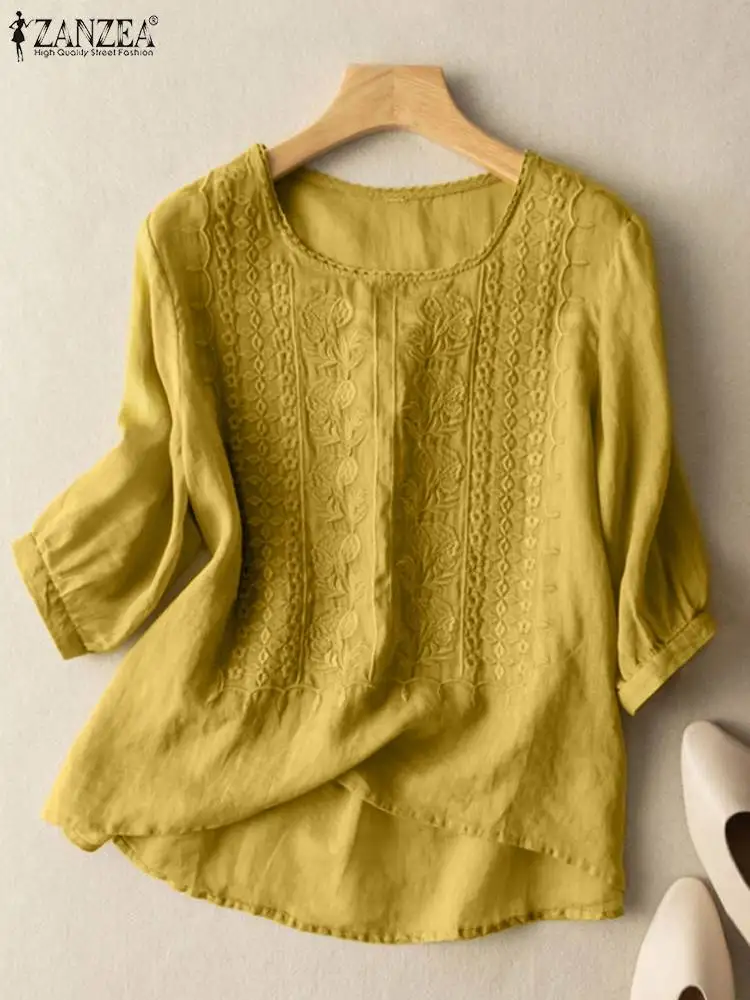 빈티지 셔츠 ZANZEA 여름 레이스 크로 셰 뜨개질 블라우스 여성 3/4 O 넥 슬리브 탑 자수 Blusas Femme Causal Cotton Chie