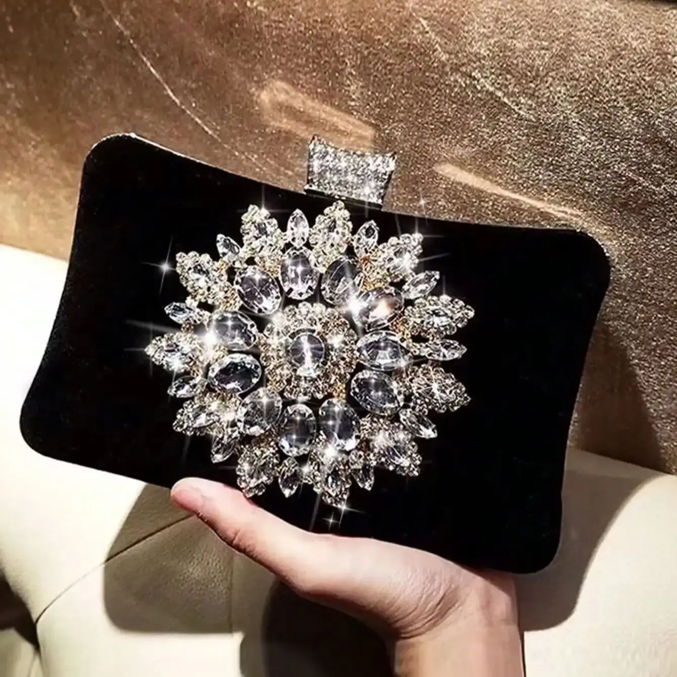 Velvet Black Evening Clutch Bags for Women with Rhinestones