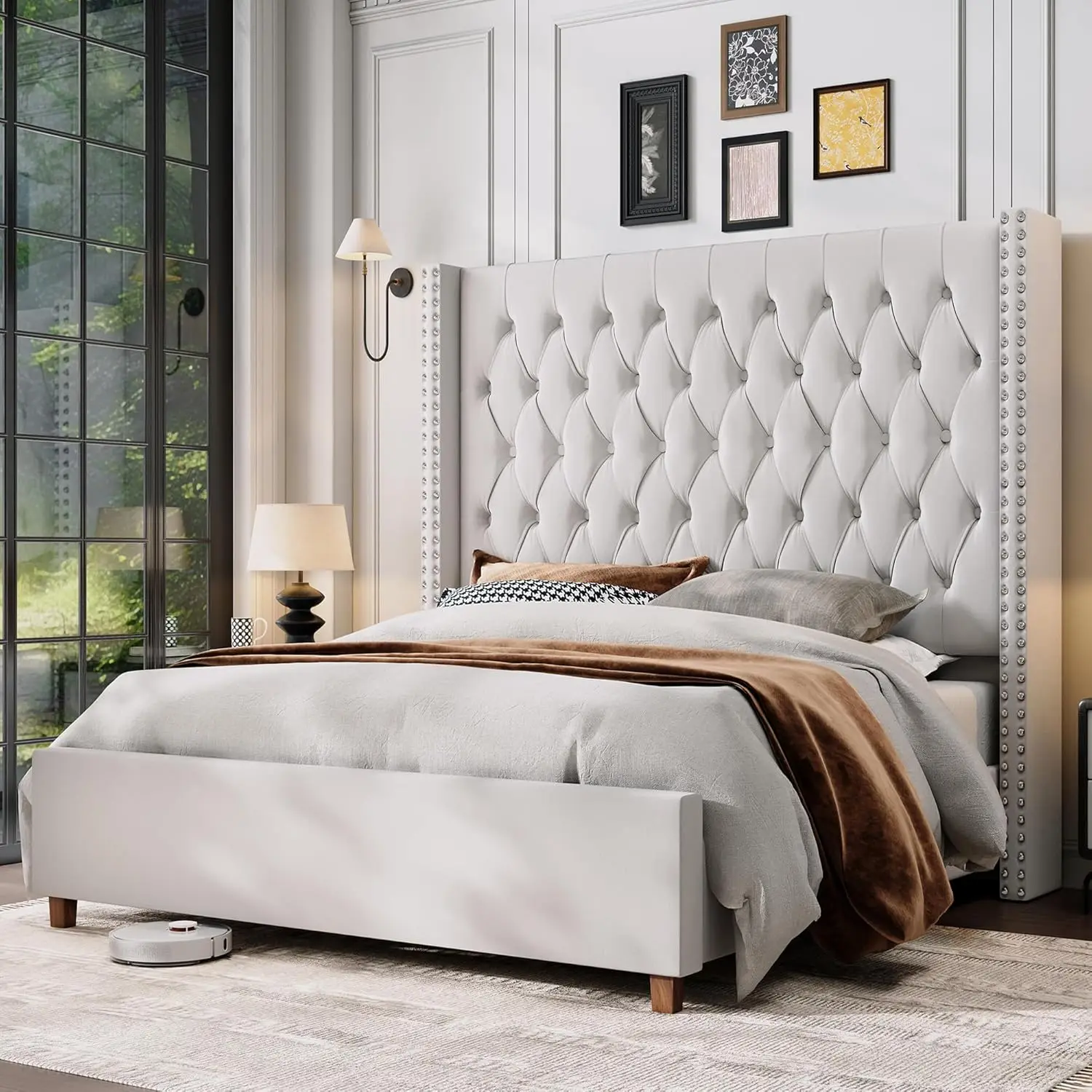 Jocisland King Size Velvet Platform Bed With Tall Sleigh Headboard - Cream, Easy Assembly, No Box Spring Needed