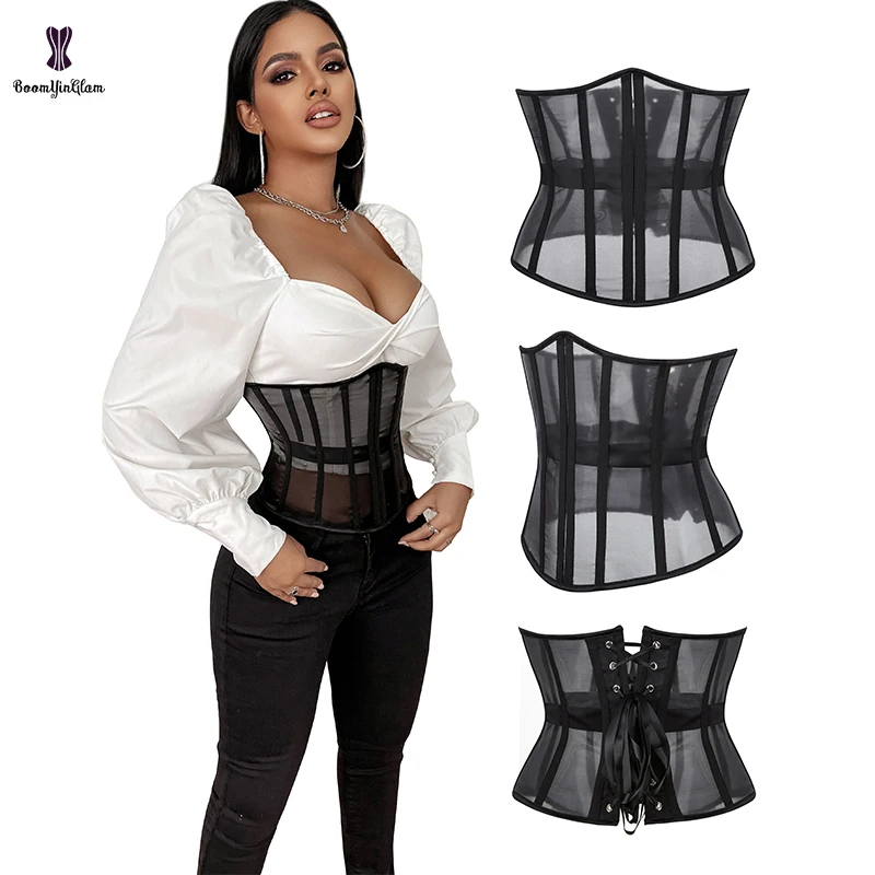 Size S-xxxl See-Through Mesh Corselet Chest Binder Bustier Tummy Control Cincher 14 Glue Boned Underbust Corset Top For Women
