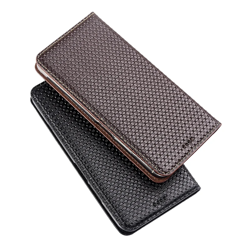 Grid Pattern Genuine Flip Leather Case For Xiaomi Poco X2 X3 X4 X5 M2 M3 M4 M5 M5S M6 Pro GT NFC Phone Cover Cases