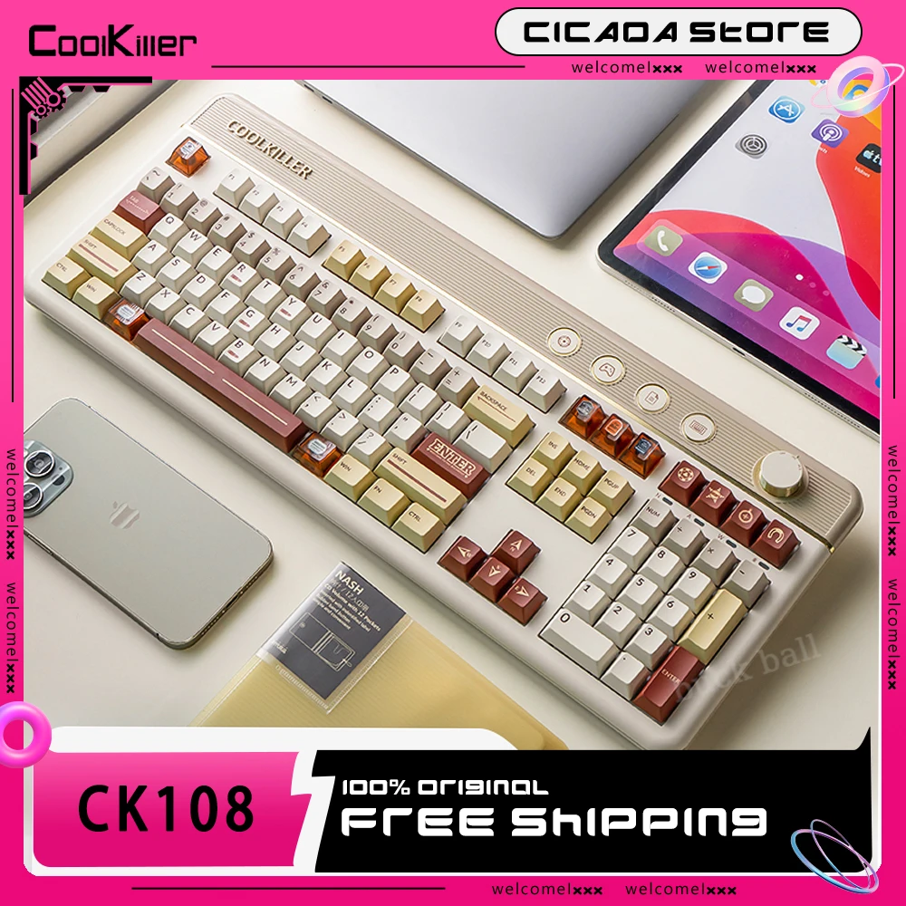 Игровая клавиатура Coolkiller Ck108, Беспроводная Bluetooth клавиатура с магнитным переключателем, 3 режима, RGB RT, механические клавиатуры с возможностью замены в процессе работы