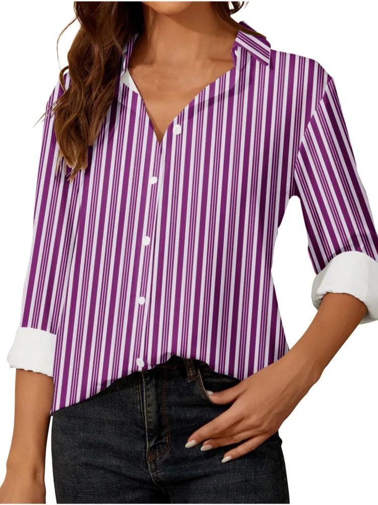 

Autumn New Women Turn-down Collar Single-breasted Shirt Top Winter Fashion Striped Printed Long Sleeve Slim Office Lady Shirts