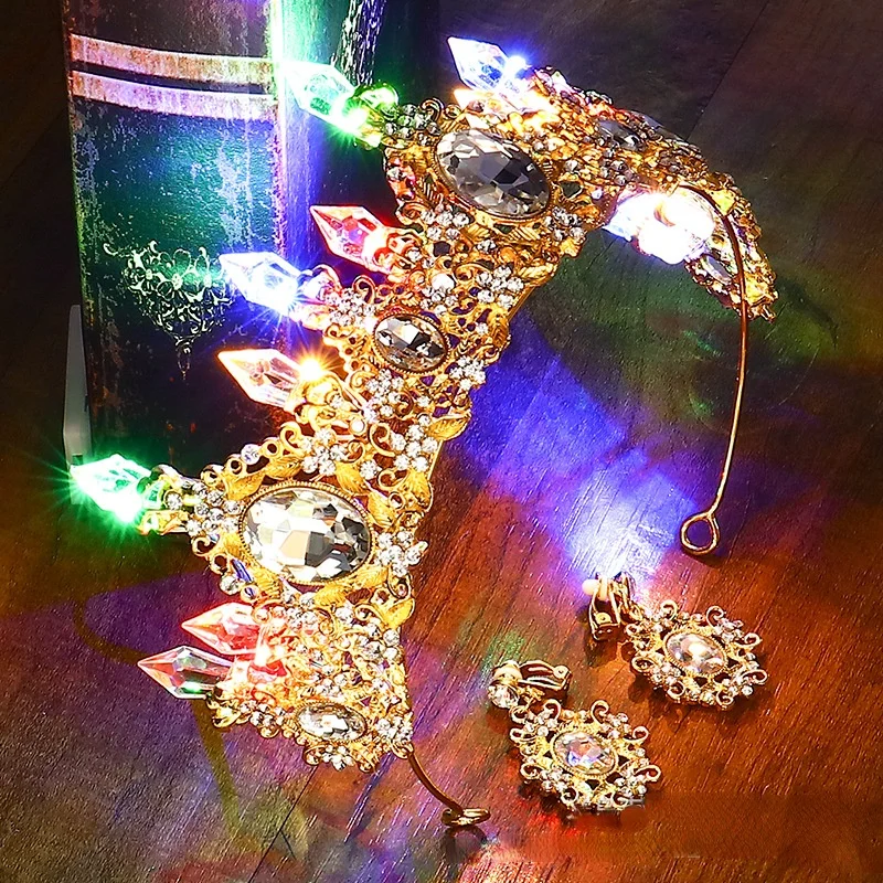 Glow Bride Crown Tiara LED Light Luminous Girl Princess Rhinestone Hair Accessories Birthday Party Wedding Christmas Decoration