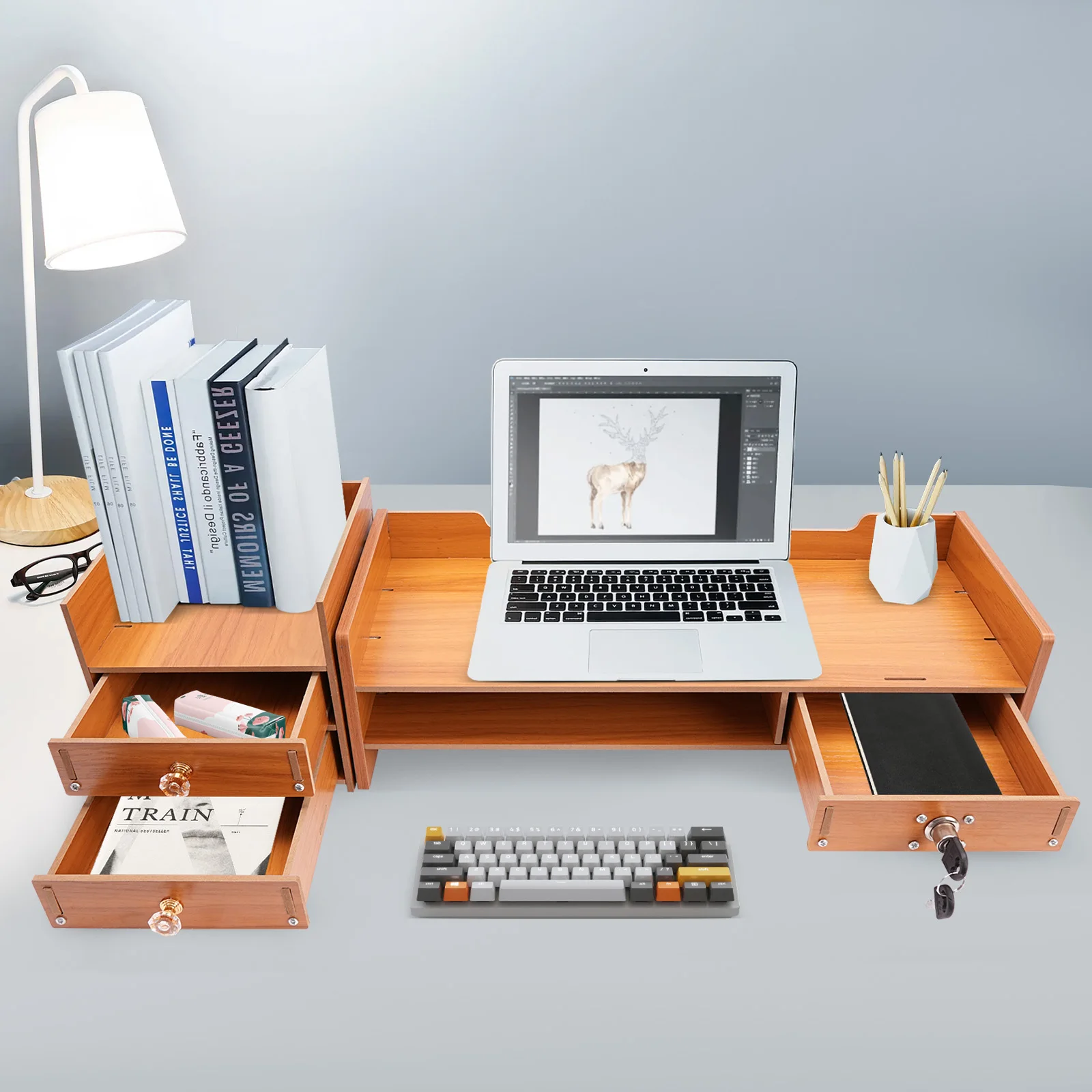 Computer Monitor Stand, Space-Saving, MDF, Computer Rack with Drawers for Study Office 3