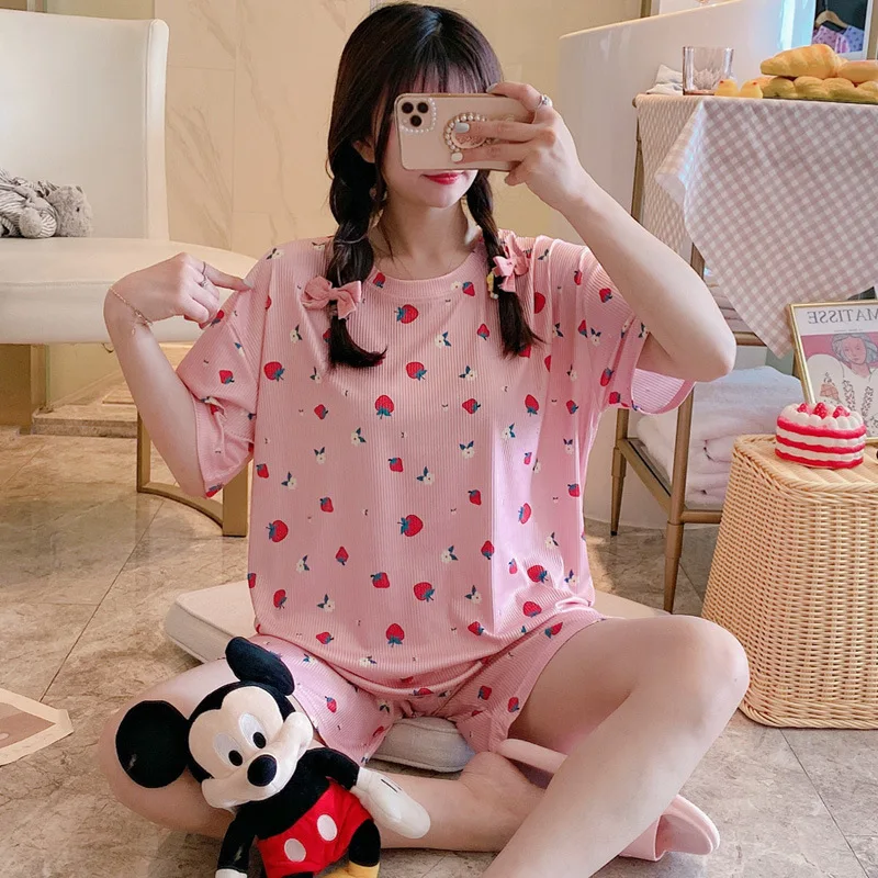 Pajama Women's Summer Ice Pit Stripe Floral Short Sleeved Shorts Loose Fitting Two-piece Home Suit Can Be Worn Externally
