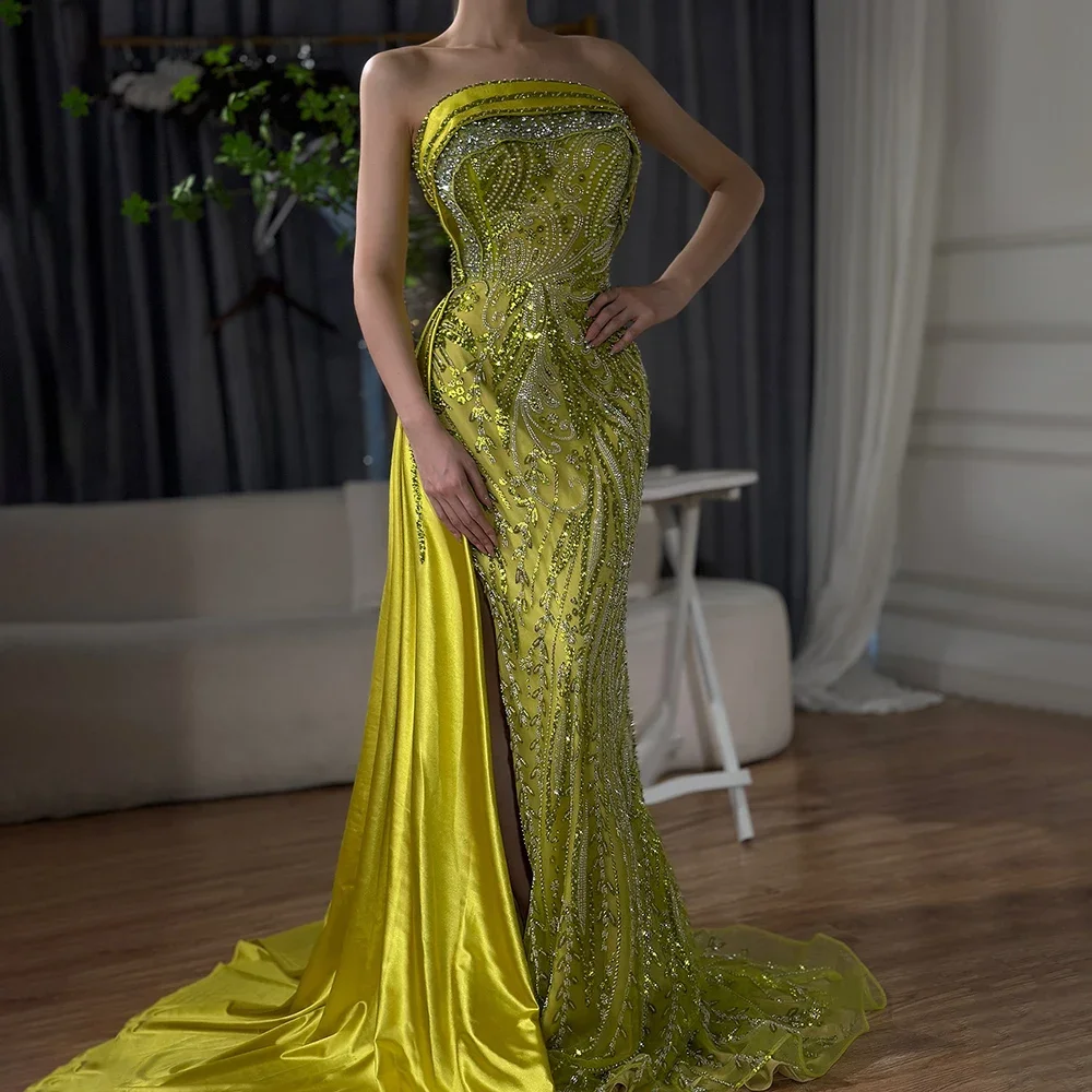 Miss India Gown: A Comprehensive Review of the Arabic Yellow Strapless  Satin Mermaid Beaded Luxury Dubai