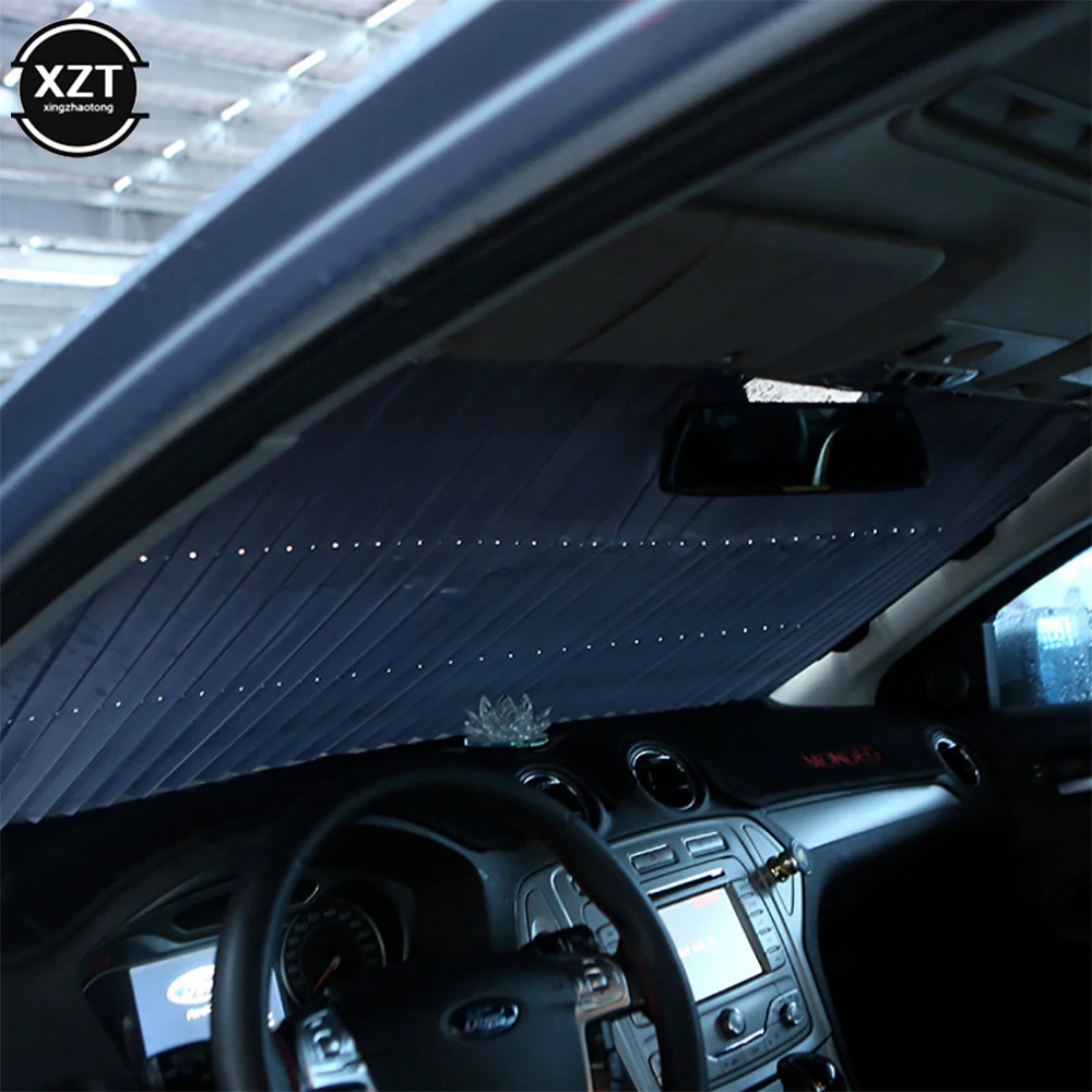 Car Windshield Sunshade Curtain Retractable Folding Car Sunshade Cover Reflective Aluminum Film Curtains Anti-UV Sun Shade