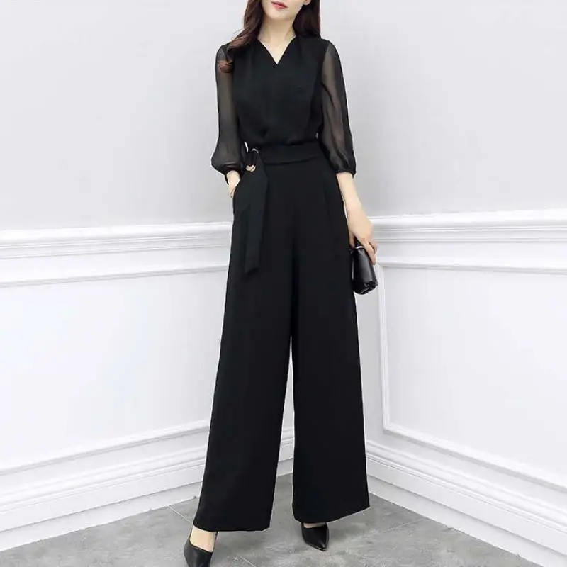 

S-3XL Womens Jumpsuits Spring Female Romper Overalls Playsuits Long Sleeve V-neck Slim Wide-leg Pants Ladies Bodysuits Hw54