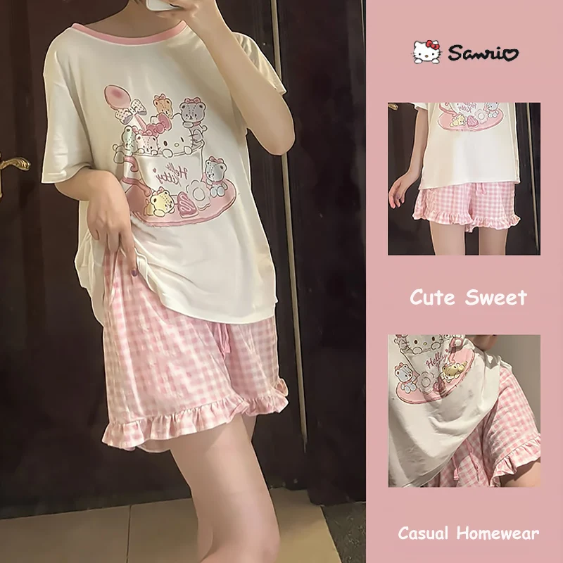 

Cute Girl Pajama Set Kawaii Sanrio Hello Kitty Pachacco Anime Summer Thin 2 Pieces Pajamas Women's Sweet Casual Homewear 2023