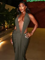 Weird Puss Elegant Halter Backless Dress Women Deep V-Neck Sleeveless Slit Irregular Party Banquet Activity Stretch Clubwear