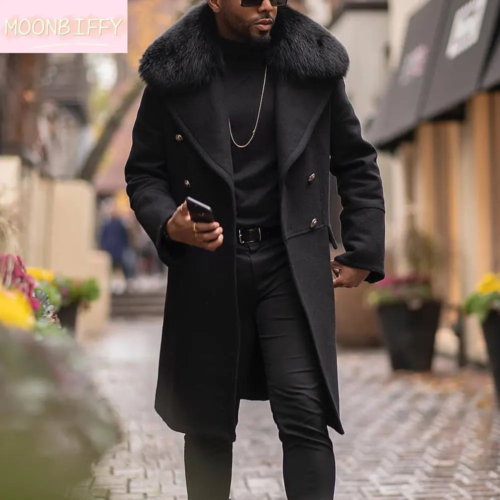 

New Men's Long Coats Winter Faux Fur Collar Men Woolen Jacket Overcoat Fashion Autumn Male Double-Breasted Casual Outwear Coat