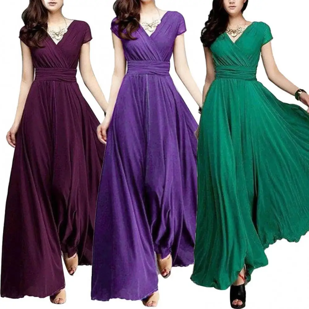 

Hot summer Bohemian Women Solid Color Short Sleeve V Neck Tight Waist Maxi Evening Dress Tight Waist Maxi Evening Dress