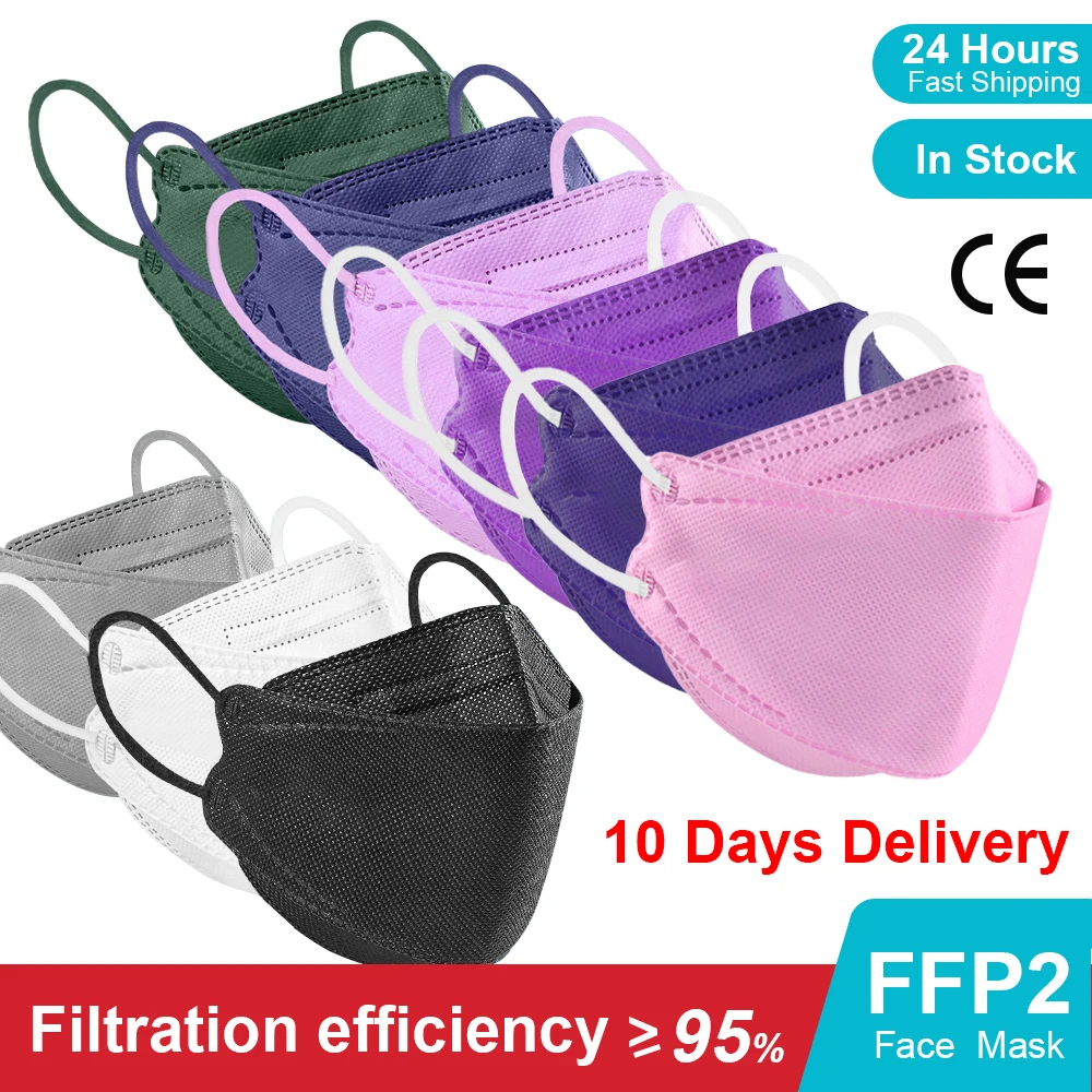 Lot de 50 masques FFP2 jetables de différentes couleurs, empilés sur fond blanc.