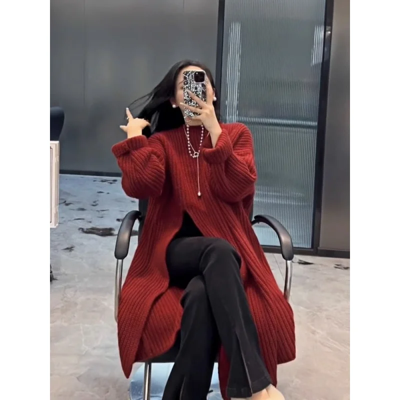 오버사이즈 루즈 스웨터 원피스 패션 사이드 슬릿 니트 골지 원피스 원피스, 한국 캐주얼 심플 롱 원피스, 2023 겨울
