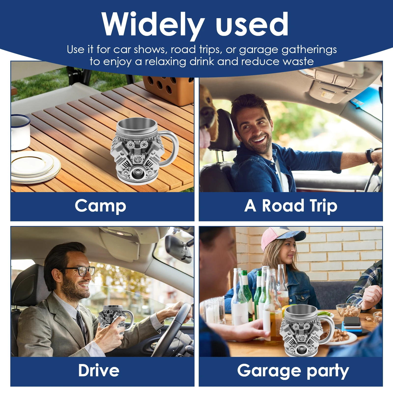 Stainless Steel Cup V6/V8 Engine Coffee Mug Durable Rust-Proof 350ML Engines Design Mug with Handle for Car Enthusiasts