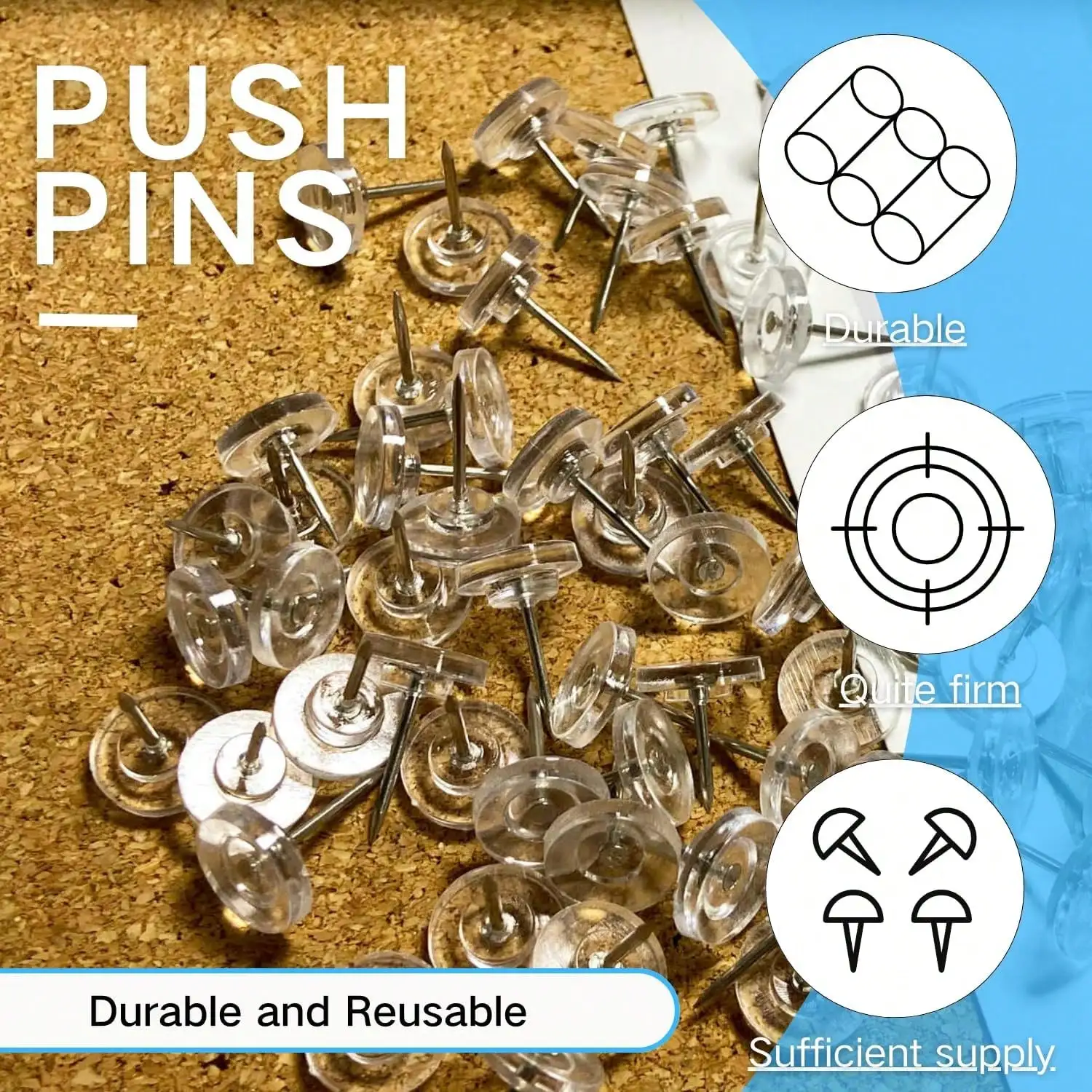 박스형 투명 압정, 플랫 헤드 푸시핀, 코르크보드용 I자형 못, 사무실, 학습용, 수공예용, DIY 장 못.