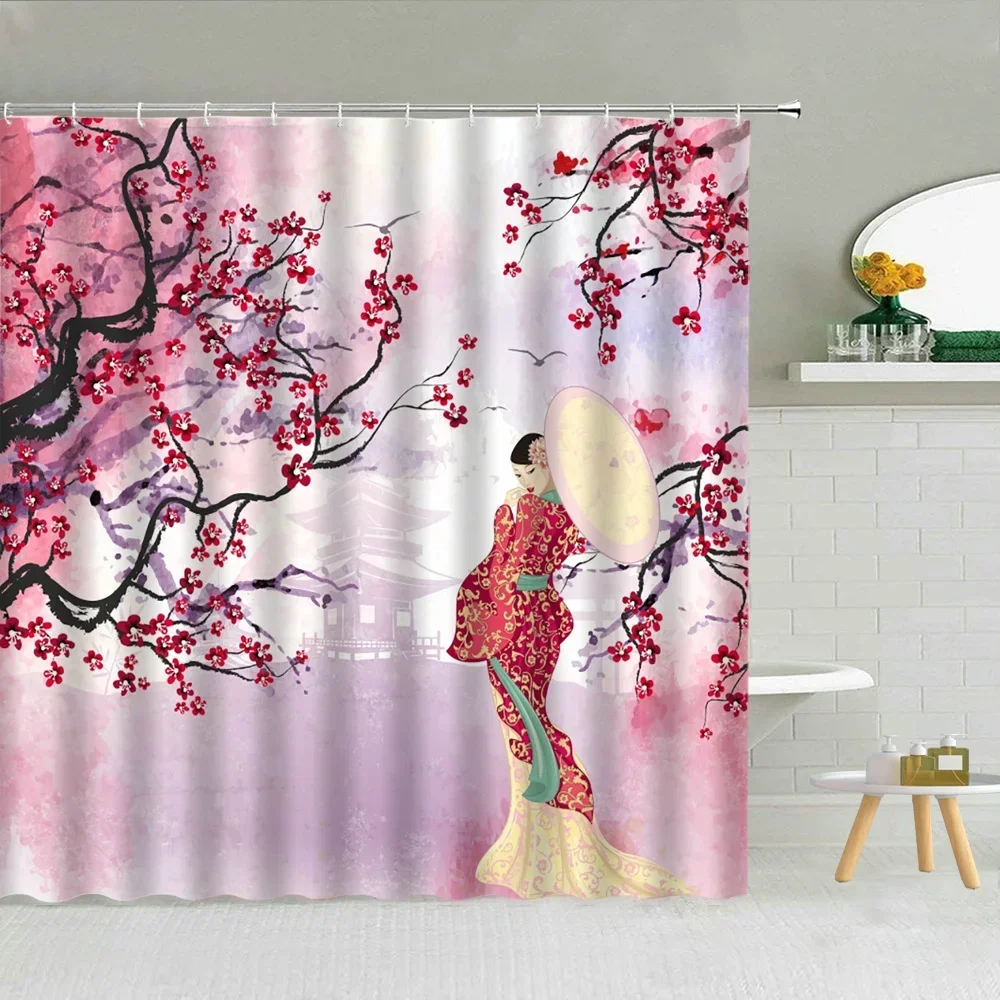 Japanese Traditional Shower Curtain Kimono Woman Sakura Landscape Pavilion Bird Waterproof Fabric Bathroom Decor Hook Curtains 2