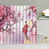 Japanese Traditional Shower Curtain Kimono Woman Sakura Landscape Pavilion Bird Waterproof Fabric Bathroom Decor Hook Curtains 2