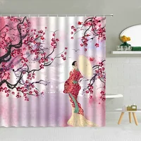 Japanese Traditional Shower Curtain Kimono Woman Sakura Landscape Pavilion Bird Waterproof Fabric Bathroom Decor Hook Curtains 2