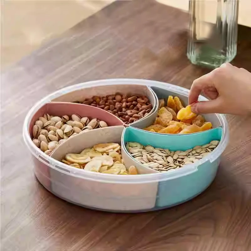 Multi-grids Nuts Container Appetizer Tray Lid and Handle 5 Compartment Divided Snack Caddy Organizer for Home Party Holiday