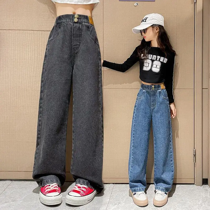 

3-16T Teenager Clothing Girls Jeans Stretchy Soft Denim Pants Casual Solid Wide Leg Pants Kids Girl Trousers Children Clothes