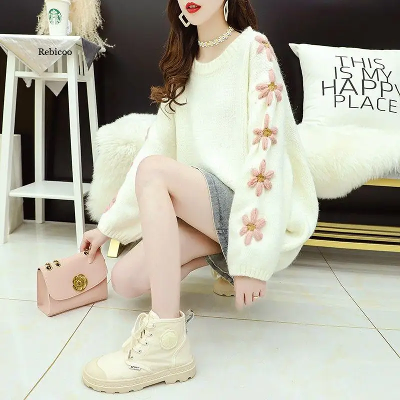 

Pullover sweater women fall and winter loose outer wear retro knitted top Harajuku Chic Short Sweater Twisted Pull