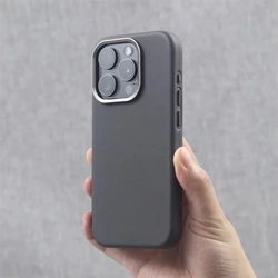 Luxury Alloy Lens Frame PU Leather Magnetic Case with Wireless Charging Support for iPhone 18 Pro Max (ZSPU Gray)