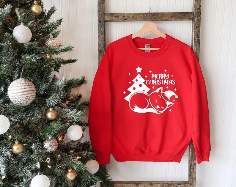 Christmas Cat, Merry Sweatshirt Holiday Gift Family 100% Cotton Solid Thicken Warm Women Sweatshirts Lady Fashion Drop shipping