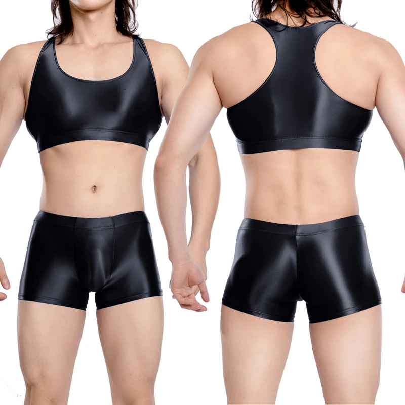 Sexy men's underwear gloss Transparent Boxer pants Bag U bulge gay smooth Shiny japanese swimsuit Tight shorts vest suit