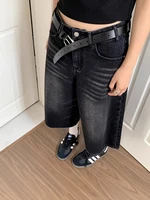 High Waist Black Retro Washed Denim Shorts Women's Harajuku Vintage Fashion Casual Loose Y2K Streetwear Mid Long  Wide Leg Pants - Image 3