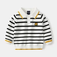 Autumn Toddler Boy Sweater Turn Down Collar Cartoon Embroidery Long Sleeve Baby Boy Pullover Loose Warm Striped Kid Boy Knitwear 2