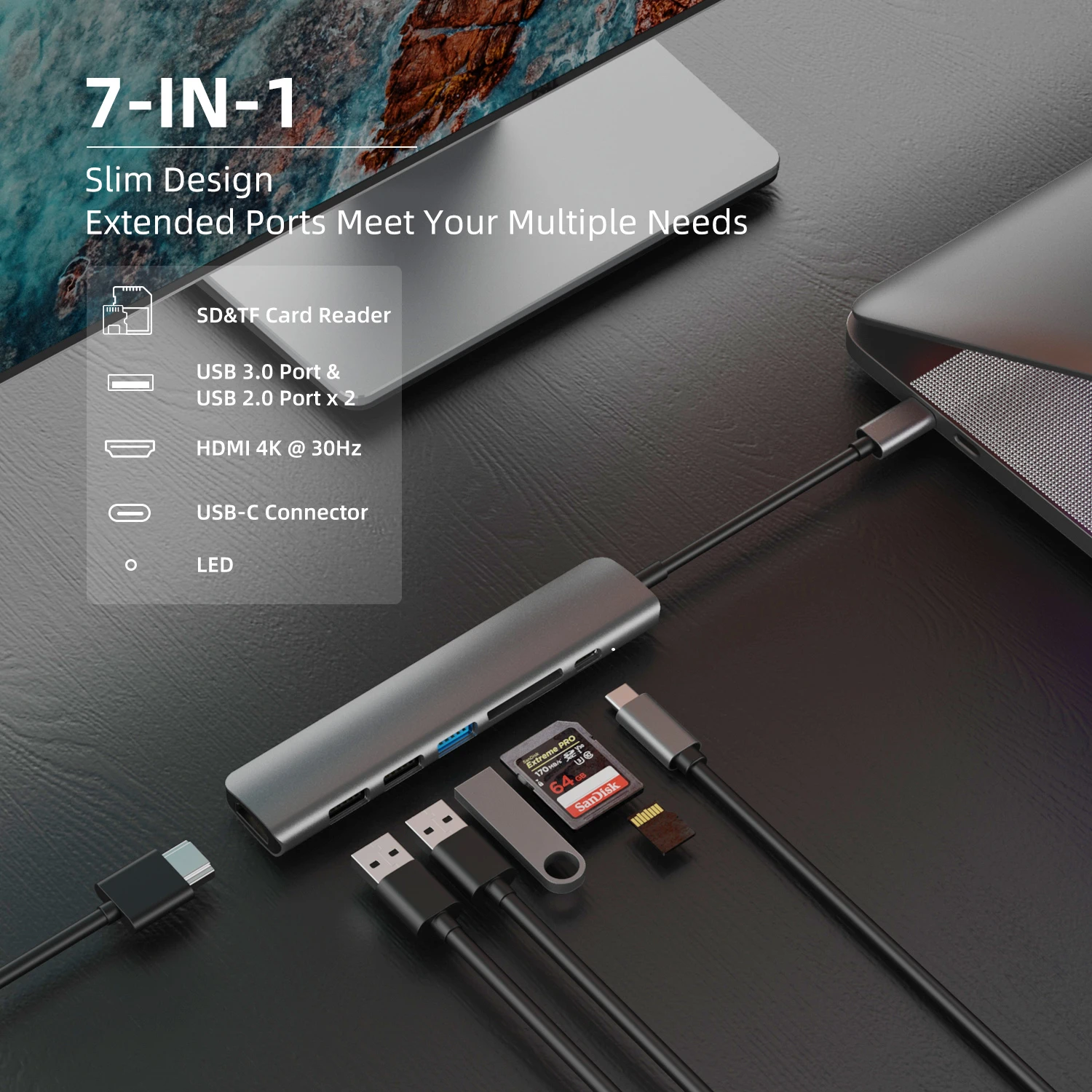  USB 3.1 Type-C To HDMI Adapter 4K Thunderbolt USB C Hub with Hub 3.0 2.0 TF SD Reader Slot PD for MacBookPro Air USB C Splitter 